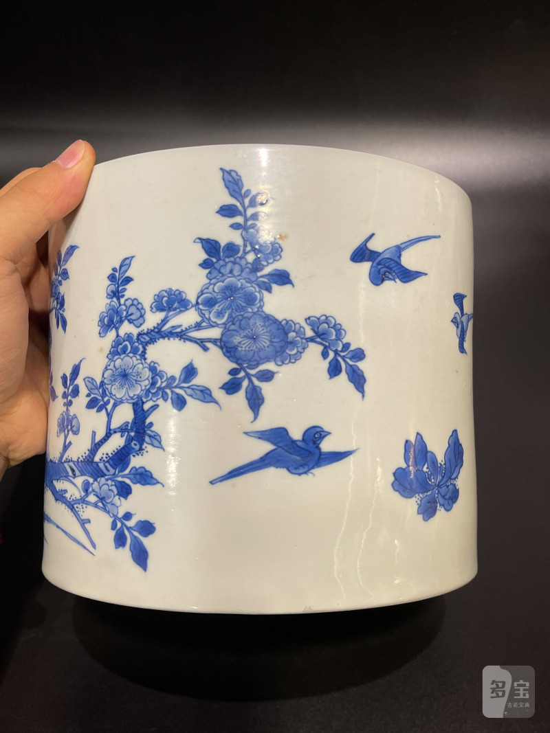 清康熙 青花雉鸡牡丹纹笔筒 - 图6